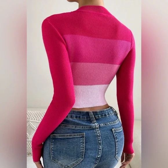 PRIVÉ CROP TOP JERSEY PINK MULTICOLOR BLOCK MOCK NECK SWEATER SIZE L (8-10) - Picture 2 of 3